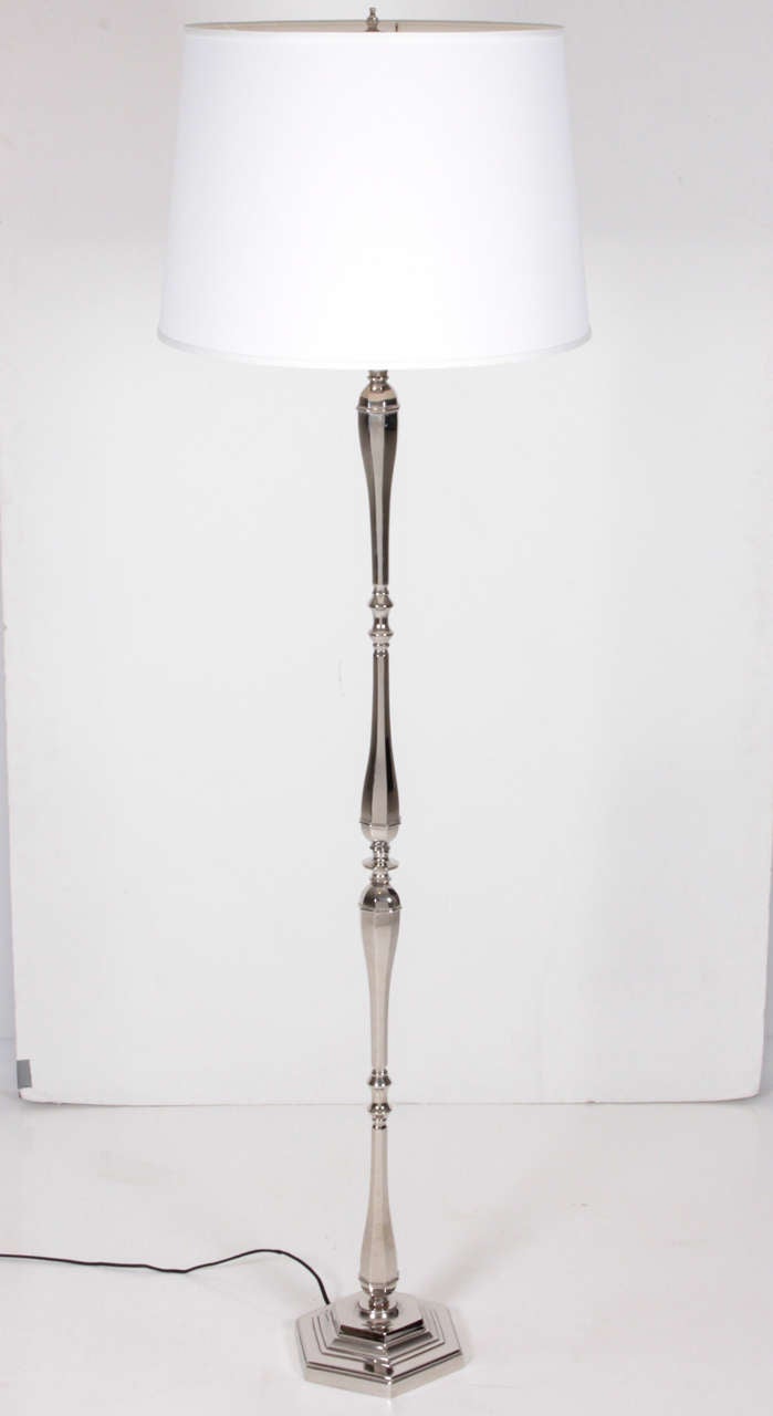 French 1940's nickel plated bronze floor lamp with black silk cord.